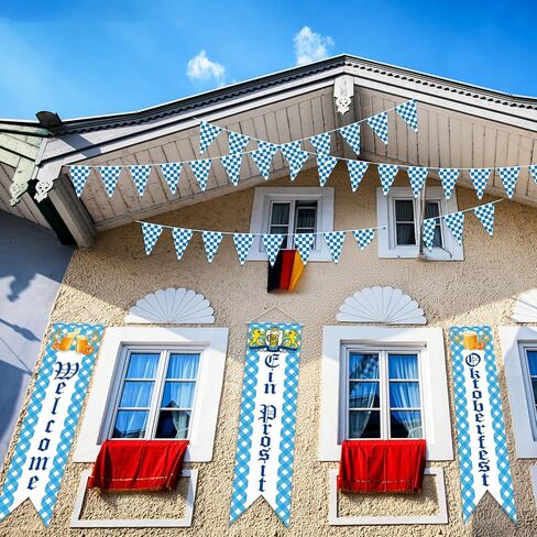 Oudain Oktoberfest Party Decoration 3 Bavarian Welcome Banners 32. 8 ft Blue and White Checkered Pennant Flag, Hanging Octoberfest Decor for Bavarian Festival Parade Beer Outdoor Supplies in Saudi Arabia