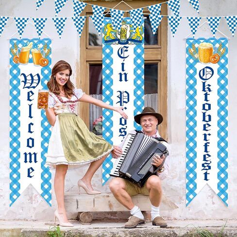 Oudain Oktoberfest Party Decoration 3 Bavarian Welcome Banners 32. 8 ft Blue and White Checkered Pennant Flag, Hanging Octoberfest Decor for Bavarian Festival Parade Beer Outdoor Supplies in Saudi Arabia