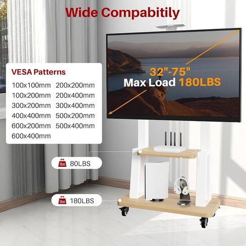 Mobile TV Cart for 32-75 Inch Flat/Curved LED/LCD/OLED TVs, Height Adjustable Rolling TV Stand with Wheels, Heavy Duty Portable Floor TV Stand with Steel Shelf Base, Holds up to 180lbs (White, 601) in Saudi Arabia