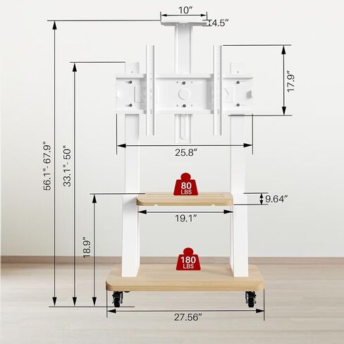 Mobile TV Cart for 32-75 Inch Flat/Curved LED/LCD/OLED TVs, Height Adjustable Rolling TV Stand with Wheels, Heavy Duty Portable Floor TV Stand with Steel Shelf Base, Holds up to 180lbs (White, 601) in Saudi Arabia