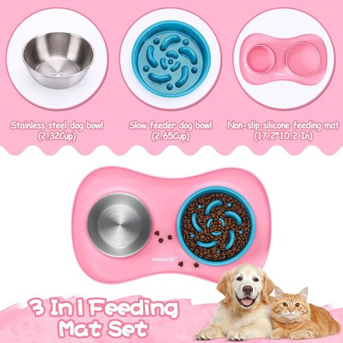Mateeylife Dog Food and Water Bowl 3 في 1 ، أوعية الكلب بطيئة تغذية وعاء ماء من الفولاذ المقاوم للصدأ مع حصيرة السيليكون غير الممتدة والقطط والجرو الأطباق للحيوانات الأليفة لسلالة صغيرة متوسطة مضادة للالتزام in Kuwait