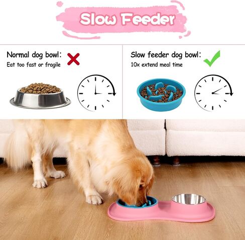 Mateeylife Dog Food and Water Bowl 3 في 1 ، أوعية الكلب بطيئة تغذية وعاء ماء من الفولاذ المقاوم للصدأ مع حصيرة السيليكون غير الممتدة والقطط والجرو الأطباق للحيوانات الأليفة لسلالة صغيرة متوسطة مضادة للالتزام in Kuwait