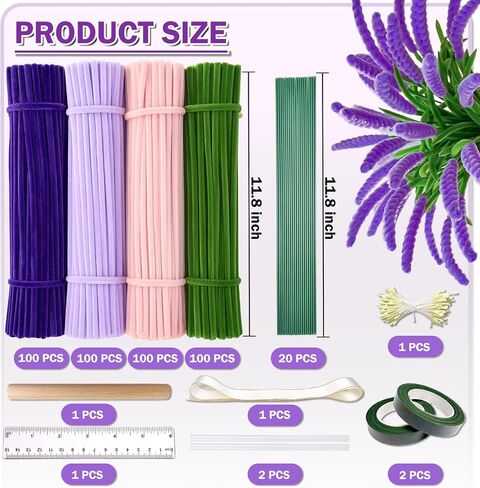 400pcs طقم زهرة أنابيب أنابيب - منظفات الأنابيب بشكل كبير مع 4 ألوان متنوعة ينبع تشنيل لمجموعة صناعة الزهور DIY ، وتشمل الأسلاك الأزهار ، والشريط ، والسلالة والشريط (الوردي) in Kuwait