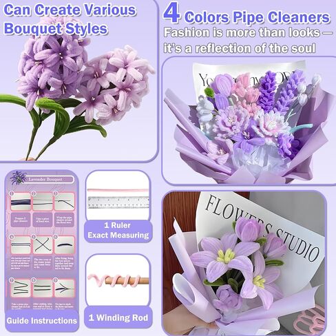 400pcs طقم زهرة أنابيب أنابيب - منظفات الأنابيب بشكل كبير مع 4 ألوان متنوعة ينبع تشنيل لمجموعة صناعة الزهور DIY ، وتشمل الأسلاك الأزهار ، والشريط ، والسلالة والشريط (الوردي) in Kuwait