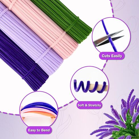 400pcs طقم زهرة أنابيب أنابيب - منظفات الأنابيب بشكل كبير مع 4 ألوان متنوعة ينبع تشنيل لمجموعة صناعة الزهور DIY ، وتشمل الأسلاك الأزهار ، والشريط ، والسلالة والشريط (الوردي) in Kuwait