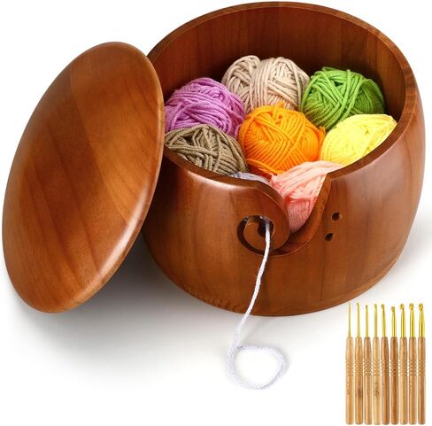 Giegxin Large Wooden Yarn Bowl with Lid 9 x9 x6 Yarn Holder for Knitting Craft Pine Wool Storage with 9 Pcs Crochet Hooks Handmade Crochet Kit Organizer Accessories for Ribbon String in Saudi Arabia