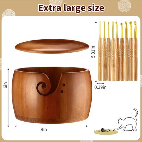 Giegxin Large Wooden Yarn Bowl with Lid 9 x9 x6 Yarn Holder for Knitting Craft Pine Wool Storage with 9 Pcs Crochet Hooks Handmade Crochet Kit Organizer Accessories for Ribbon String in Saudi Arabia