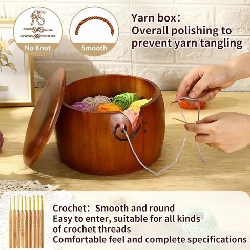 Giegxin Large Wooden Yarn Bowl with Lid 9 x9 x6 Yarn Holder for Knitting Craft Pine Wool Storage with 9 Pcs Crochet Hooks Handmade Crochet Kit Organizer Accessories for Ribbon String in Saudi Arabia