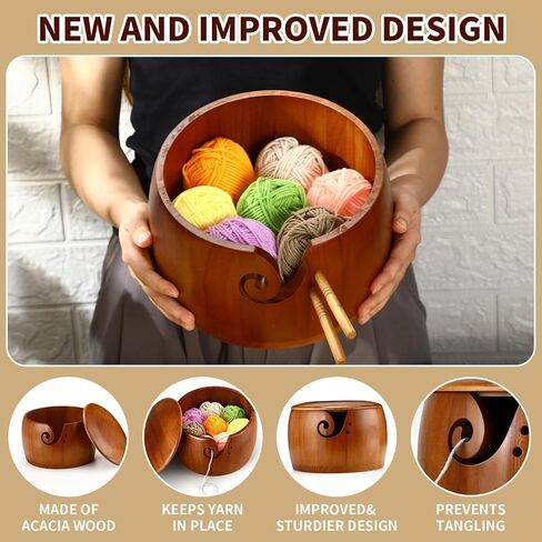Giegxin Large Wooden Yarn Bowl with Lid 9 x9 x6 Yarn Holder for Knitting Craft Pine Wool Storage with 9 Pcs Crochet Hooks Handmade Crochet Kit Organizer Accessories for Ribbon String in Saudi Arabia