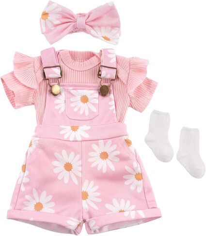 Babeside 4 PCS Rebond Baby Doll Cloths for 17-22 Inch Babydolls ، و Smit Pink Flower Dolls Salms LifeLike Reborn Baby Accessories with Headhand and Socks for Dolls Dolls Girl in Saudi Arabia