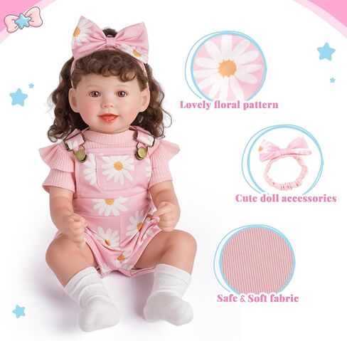 Babeside 4 PCS Rebond Baby Doll Cloths for 17-22 Inch Babydolls ، و Smit Pink Flower Dolls Salms LifeLike Reborn Baby Accessories with Headhand and Socks for Dolls Dolls Girl in Saudi Arabia