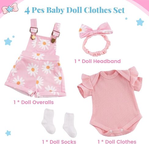 Babeside 4 PCS Rebond Baby Doll Cloths for 17-22 Inch Babydolls ، و Smit Pink Flower Dolls Salms LifeLike Reborn Baby Accessories with Headhand and Socks for Dolls Dolls Girl in Saudi Arabia