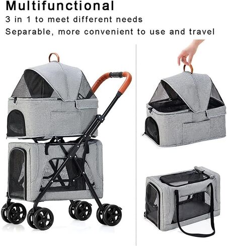 عربة الحيوانات الأليفة قابلة للطي عربة الأليفة Pet Pet for 2 Dog/Cats ، مزدوج الطبقات Cat Dog Chicksair كبيرة لتوأم أو متعددة حاملة سفر قابلة للفصل (الأزرق) in Kuwait