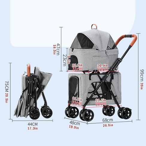 عربة الحيوانات الأليفة قابلة للطي عربة الأليفة Pet Pet for 2 Dog/Cats ، مزدوج الطبقات Cat Dog Chicksair كبيرة لتوأم أو متعددة حاملة سفر قابلة للفصل (الأزرق) in Kuwait
