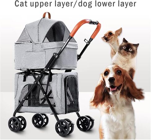 عربة الحيوانات الأليفة قابلة للطي عربة الأليفة Pet Pet for 2 Dog/Cats ، مزدوج الطبقات Cat Dog Chicksair كبيرة لتوأم أو متعددة حاملة سفر قابلة للفصل (الأزرق) in Kuwait