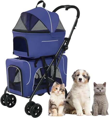 عربة مزدوجة Cat Dog Cat Predable Travel Carrier ، 4 Wheel Pet Dog Clagner Strollers خفيفة الوزن للحيوانات الأليفة للكلاب والقطط ، رائعة لتوأمة أو متعددة (زرقاء) (أزرق) in Kuwait