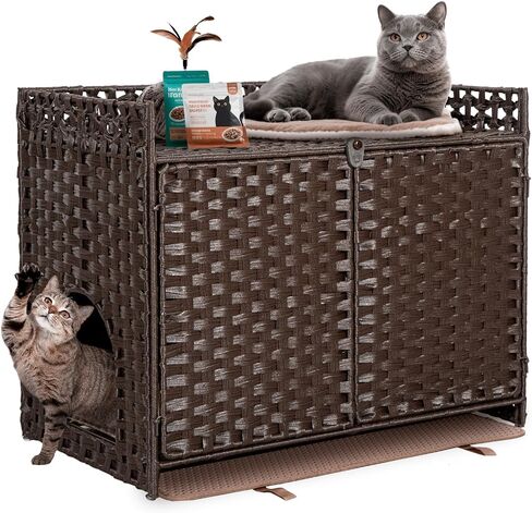 Handwoven Rattan Cat Litter Box Enclosure Furniture - Hidden Cabinet with Odor-Control Mat, Anti-Spill Fence & Secure S-Hooks for Living Room/Bedroom, 18.2"x18.2"x24.5" (Natural) in Saudi Arabia