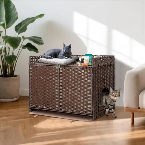 Handwoven Rattan Cat Litter Box Enclosure Furniture - Hidden Cabinet with Odor-Control Mat, Anti-Spill Fence & Secure S-Hooks for Living Room/Bedroom, 18.2"x18.2"x24.5" (Natural) in Saudi Arabia
