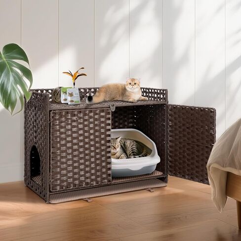 Handwoven Rattan Cat Litter Box Enclosure Furniture - Hidden Cabinet with Odor-Control Mat, Anti-Spill Fence & Secure S-Hooks for Living Room/Bedroom, 18.2"x18.2"x24.5" (Natural) in Saudi Arabia