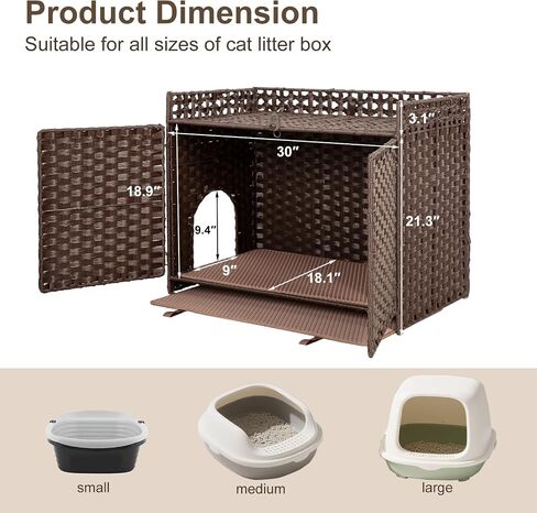 Handwoven Rattan Cat Litter Box Enclosure Furniture - Hidden Cabinet with Odor-Control Mat, Anti-Spill Fence & Secure S-Hooks for Living Room/Bedroom, 18.2"x18.2"x24.5" (Natural) in Saudi Arabia