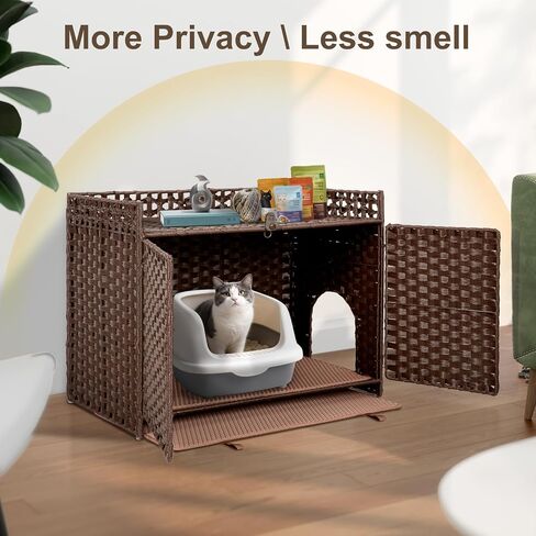 Handwoven Rattan Cat Litter Box Enclosure Furniture - Hidden Cabinet with Odor-Control Mat, Anti-Spill Fence & Secure S-Hooks for Living Room/Bedroom, 18.2"x18.2"x24.5" (Natural) in Saudi Arabia