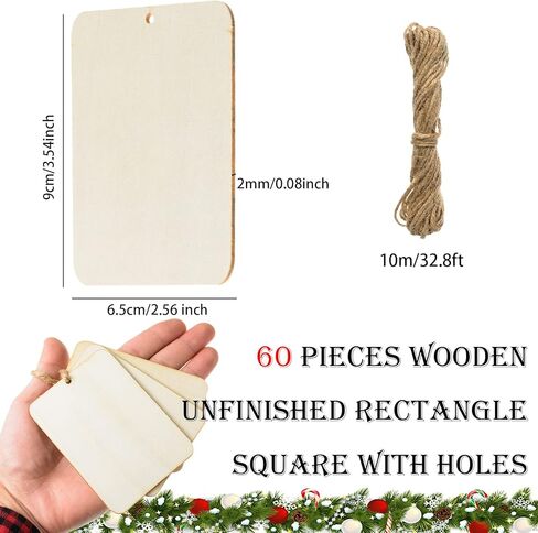 60 pcs علامات خشبية 2.5 × 3.5 بوصة قطع خشبية غير مكتملة قواطع خشبية مربعة مربع مع ثقوب الحلي الخشبية مع حبل 32.8 قدم لعلامات هدية العطلة DIY Craft Decorations Decorations in Kuwait