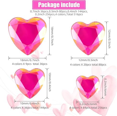 Chuangdi 516 PCS Heart Rhinestones Sticker Acrylic Heart Gems ملصقات الكريستال الأحجار الكريمة ذاتية لاصقة من الأحجار الكريهان في الجوهرة للحرف اليدوية DIY (لون مشرق) in Saudi Arabia