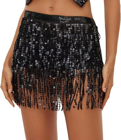 Lusofie Tassel Skirt Sequins Belly Dance Hip Skirt Sparkle Skirt Fringe Rave Skirt Space Cowgirl Outfit for Women and Girls in Kuwait