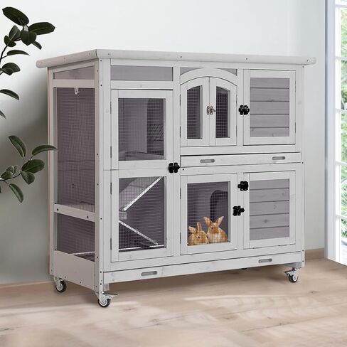 GUTINNEEN Large Rabbit Hutch Indoor with Chew-Proof Ramp, 47" Wooden Bunny Cage Guinea Pig Cages with Casters, Leak-Resistant Trays for Rabbits, Guinea Pigs, Small Animals in Kuwait