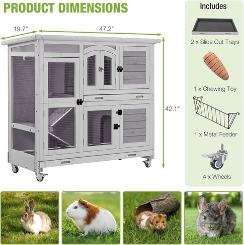GUTINNEEN Large Rabbit Hutch Indoor with Chew-Proof Ramp, 47" Wooden Bunny Cage Guinea Pig Cages with Casters, Leak-Resistant Trays for Rabbits, Guinea Pigs, Small Animals in Kuwait