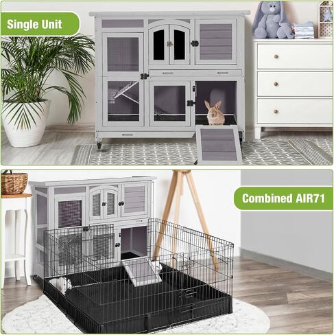 GUTINNEEN Large Rabbit Hutch Indoor with Chew-Proof Ramp, 47" Wooden Bunny Cage Guinea Pig Cages with Casters, Leak-Resistant Trays for Rabbits, Guinea Pigs, Small Animals in Kuwait
