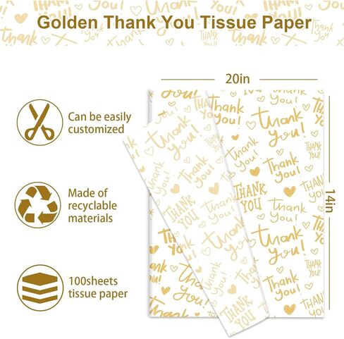JarThenaAMCS 100 Sheets Thank You Tissue Paper Gold Gift Wrapping Paper for DIY Arts Crafts Holiday Wedding Baby Shower Birthday, 14 x 20 Inch in Saudi Arabia