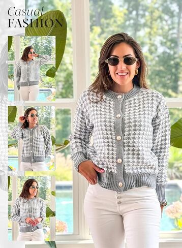 Dokotoo Cardigan Sweaters for Women V Neck Button Down Long Sleeve Plaid Knit Cardigans Sweater Tops in Kuwait