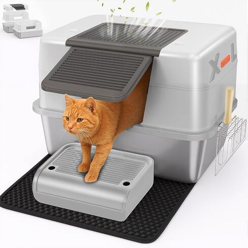 XL Premium Stainless Steel Enclosed Cat Litter Box with Lid, Extra Large Heavy-Duty Metal Litter Box for Big Cats & Multi-Cat Homes|Leak-Proof, Odor-Locking, Non-Stick Surface | Easy Clean (White) in Saudi Arabia