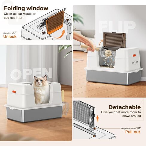 XL Premium Stainless Steel Enclosed Cat Litter Box with Lid, Extra Large Heavy-Duty Metal Litter Box for Big Cats & Multi-Cat Homes|Leak-Proof, Odor-Locking, Non-Stick Surface | Easy Clean (White) in Saudi Arabia