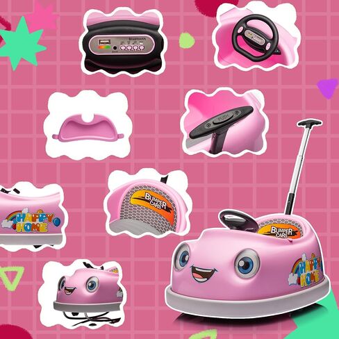 12V Dual Battery Electric Ride on Kids Bumper Car w/Remote Control,360 Degree Spin,Push Rod Rocker Horse Function,3-Speeds Babies & Toddlers Bumping Car Ride on Toy Gift for 1-4 Years Children (Pink) in Kuwait