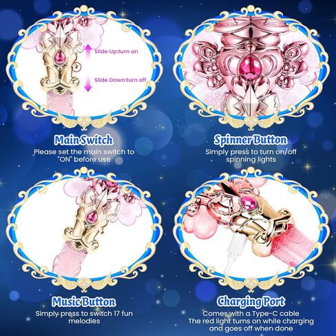 EZVYAO Light Up Princess Wand with Spinning LEDs & Music - Rechargeable Magic Fairy Toys for Kids Girls - Birthday Cosplay Party Favors, Pink in Saudi Arabia