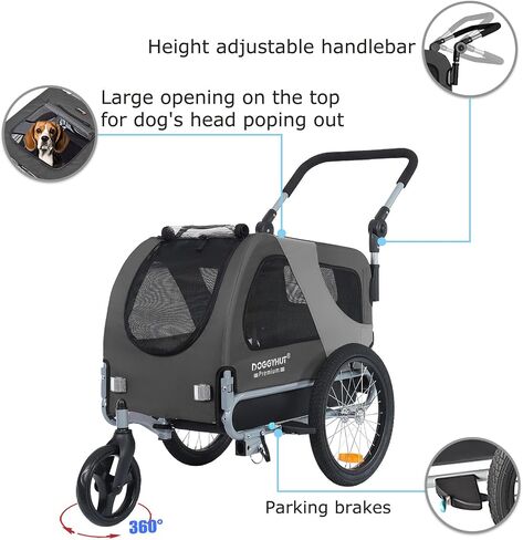 DoggyHut® Premium M Pet Bike Trailer & Stroller 2-in-1 ، للكلاب التي تصل إلى 50 رطلاً ، فرامل انتظار ، إطار عربة قابلة للطي ، مقرنة دراجات عالمية ، ودية للدراجة الإلكترونية in Kuwait
