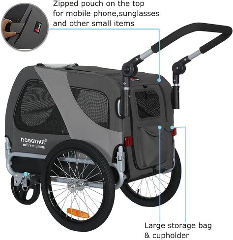 DoggyHut® Premium M Pet Bike Trailer & Stroller 2-in-1 ، للكلاب التي تصل إلى 50 رطلاً ، فرامل انتظار ، إطار عربة قابلة للطي ، مقرنة دراجات عالمية ، ودية للدراجة الإلكترونية in Kuwait