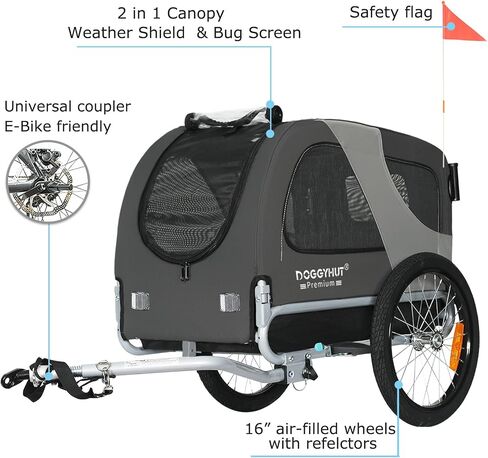 DoggyHut® Premium M Pet Bike Trailer & Stroller 2-in-1 ، للكلاب التي تصل إلى 50 رطلاً ، فرامل انتظار ، إطار عربة قابلة للطي ، مقرنة دراجات عالمية ، ودية للدراجة الإلكترونية in Kuwait