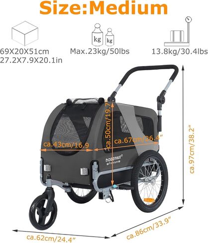DoggyHut® Premium M Pet Bike Trailer & Stroller 2-in-1 ، للكلاب التي تصل إلى 50 رطلاً ، فرامل انتظار ، إطار عربة قابلة للطي ، مقرنة دراجات عالمية ، ودية للدراجة الإلكترونية in Kuwait