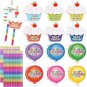Tenceur 24 Sets Happy Birthday Kit, Happy Birthday Pencils and Cards Balloons Cupcake Cards for Student School Classroom Reward Party Certificates in Kuwait