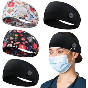 HoogaLife 4pcs Headbands With Buttons For Mask, Women's And Men's Turban Non-Slip Workout Headbands Hair Bands Protect Your Hair And Ears - Medical Set in Kuwait