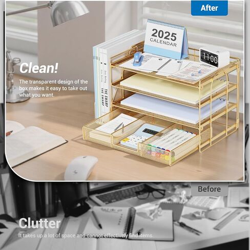 منظمات وملحقات مكتب الملفات - منظم درج الرسائل الورقية مع حامل ملفات قابلة للإزالة+ درج ، منظم ملف مساحة عمل سطح المكتب للمكتب للملحقات المكتبية (الذهب) in Kuwait