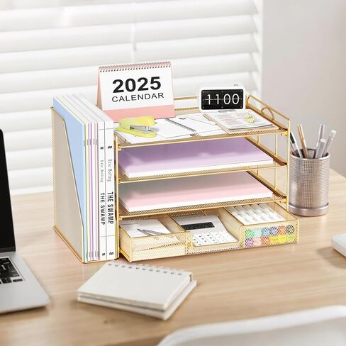 منظمات وملحقات مكتب الملفات - منظم درج الرسائل الورقية مع حامل ملفات قابلة للإزالة+ درج ، منظم ملف مساحة عمل سطح المكتب للمكتب للملحقات المكتبية (الذهب) in Kuwait