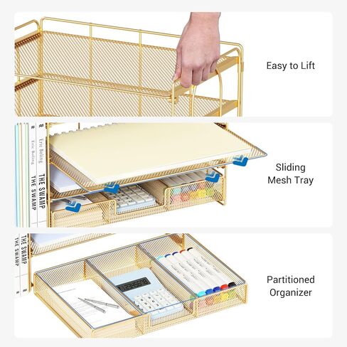 منظمات وملحقات مكتب الملفات - منظم درج الرسائل الورقية مع حامل ملفات قابلة للإزالة+ درج ، منظم ملف مساحة عمل سطح المكتب للمكتب للملحقات المكتبية (الذهب) in Kuwait
