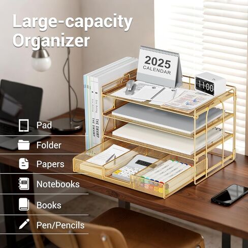 منظمات وملحقات مكتب الملفات - منظم درج الرسائل الورقية مع حامل ملفات قابلة للإزالة+ درج ، منظم ملف مساحة عمل سطح المكتب للمكتب للملحقات المكتبية (الذهب) in Kuwait