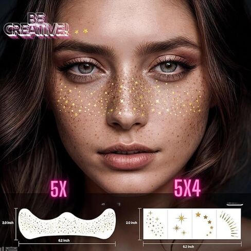 Glowluxe 25 PCS بقع الذهب الذهب الذهب المتأخرة - مجموعة متنوعة من النمش المعدني وتلعيل الماكياج الفوار من أجل Glow Glow -Up - مجوهرات الوجه المقاومة للماء والوشم البريق الوجه in Kuwait