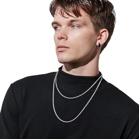 Fiusem 3mm Rope Chain Necklace for Men, Silver Tone Mens Chain Necklace, Stainless Steel Necklace Chain for Men Women and Boys in Kuwait