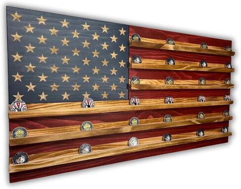 Unique Handcrafted Wooden American Flag Challenge Coin Display, Firefighter, Police, Military, Rustic Patriotic 37x19 inch (Standard Red, White, and Blue) in Saudi Arabia